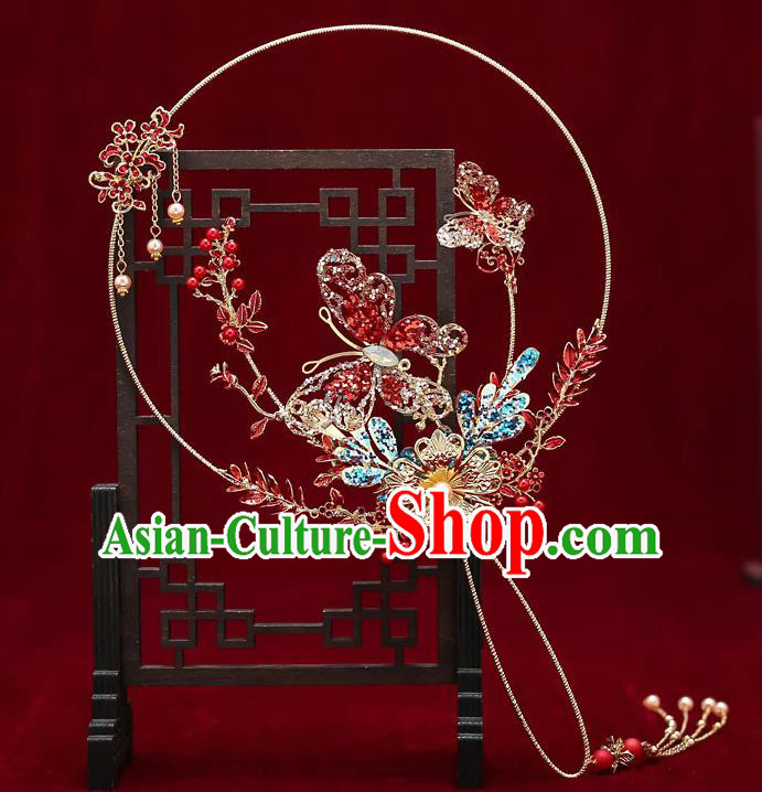 Chinese Handmade Wedding Palace Fans Classical Fans Ancient Bride Red Crystal Butterfly Round Fans Chinese Handmade Wedding Palace Fans Classical Fans Ancient Bride Red Crystal Butterfly Round Fans