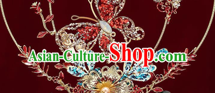 Chinese Handmade Wedding Palace Fans Classical Fans Ancient Bride Red Crystal Butterfly Round Fans Chinese Handmade Wedding Palace Fans Classical Fans Ancient Bride Red Crystal Butterfly Round Fans