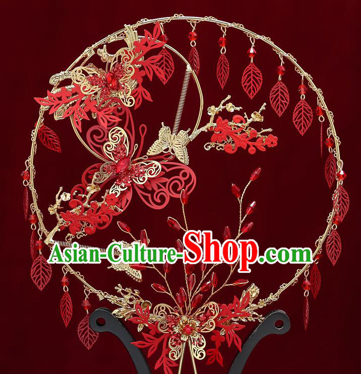 Chinese Handmade Wedding Red Leaf Palace Fans Classical Fans Ancient Bride Butterfly Round Fans Chinese Handmade Wedding Red Leaf Palace Fans Classical Fans Ancient Bride Butterfly Round Fans