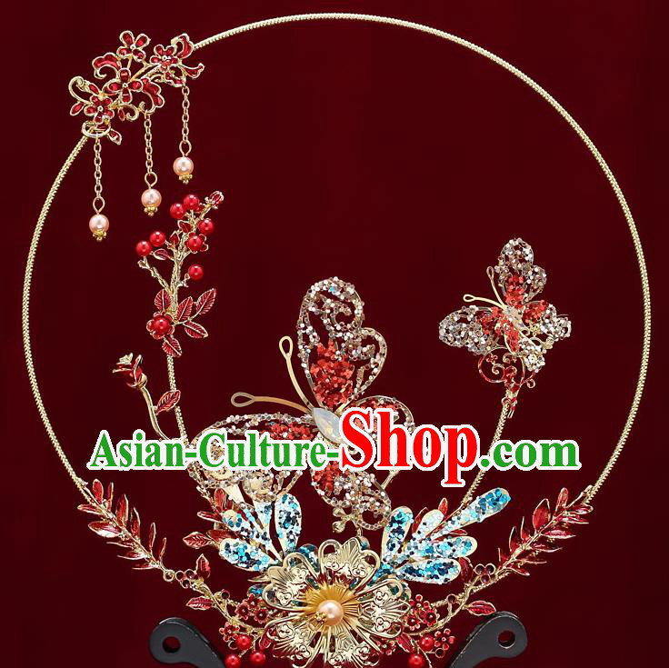 Chinese Handmade Wedding Palace Fans Classical Fans Ancient Bride Red Crystal Butterfly Round Fans Chinese Handmade Wedding Palace Fans Classical Fans Ancient Bride Red Crystal Butterfly Round Fans