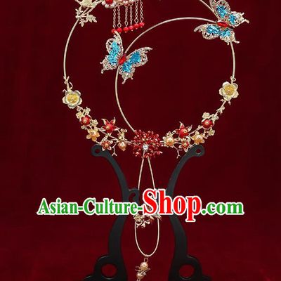 Chinese Handmade Wedding Palace Fans Classical Fans Ancient Bride Blue Crystal Butterfly Round Fans