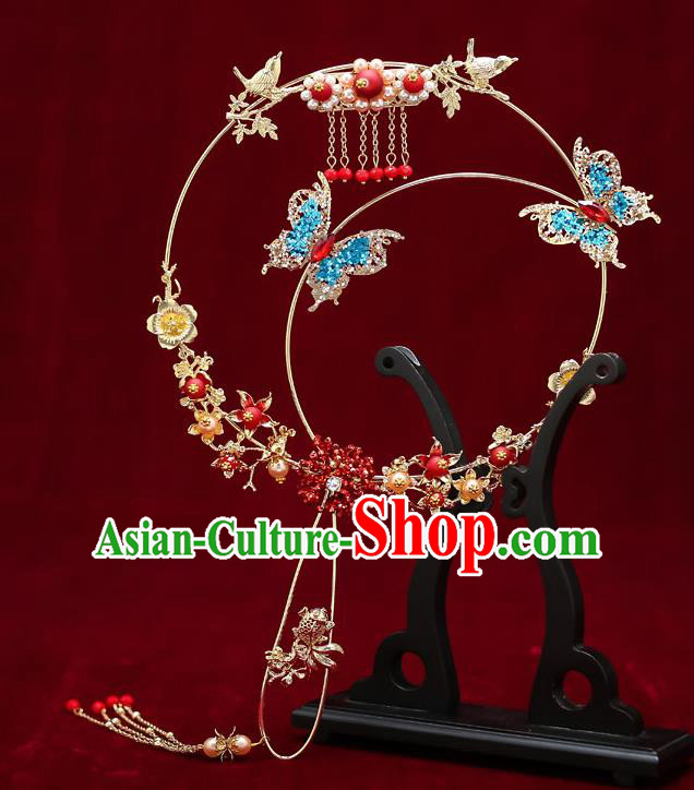 Chinese Handmade Wedding Palace Fans Classical Fans Ancient Bride Blue Crystal Butterfly Round Fans Chinese Handmade Wedding Palace Fans Classical Fans Ancient Bride Blue Crystal Butterfly Round Fans