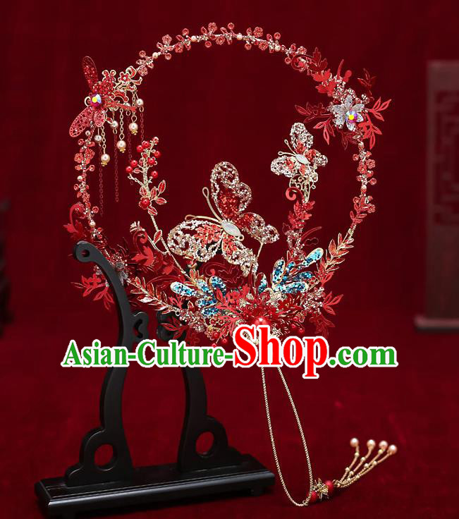 Chinese Handmade Wedding Red Dragonfly Butterfly Palace Fans Classical Fans Ancient Bride Round Fansa Chinese Handmade Wedding Red Dragonfly Butterfly Palace Fans Classical Fans Ancient Bride Round Fansa