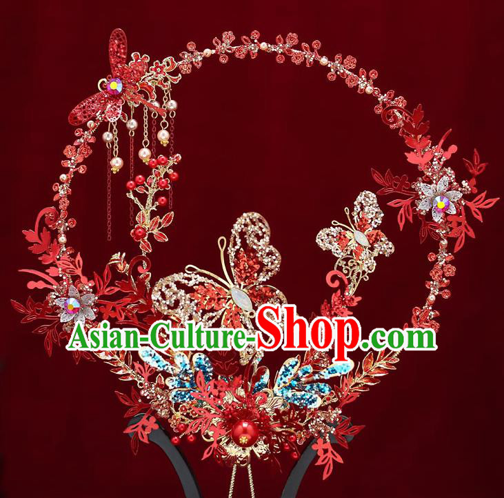 Chinese Handmade Wedding Red Dragonfly Butterfly Palace Fans Classical Fans Ancient Bride Round Fans Chinese Handmade Wedding Red Dragonfly Butterfly Palace Fans Classical Fans Ancient Bride Round Fans