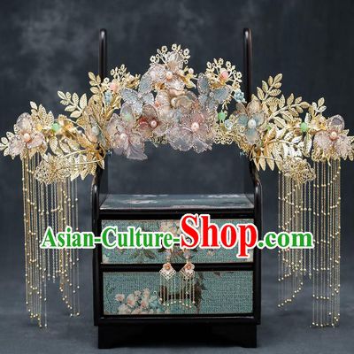 Chinese Classical Wedding Flowers Butterfly Hair Crown Handmade Hair Accessories Ancient Bride Hairpins Complete Set