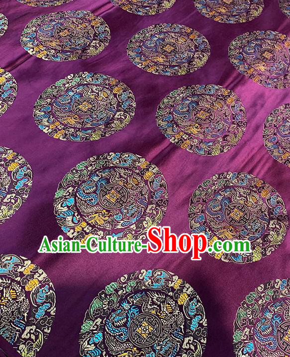 Chinese Traditional Five Dragons Pattern Purple Silk Fabric Brocade Drapery Mongolian Robe Damask Material