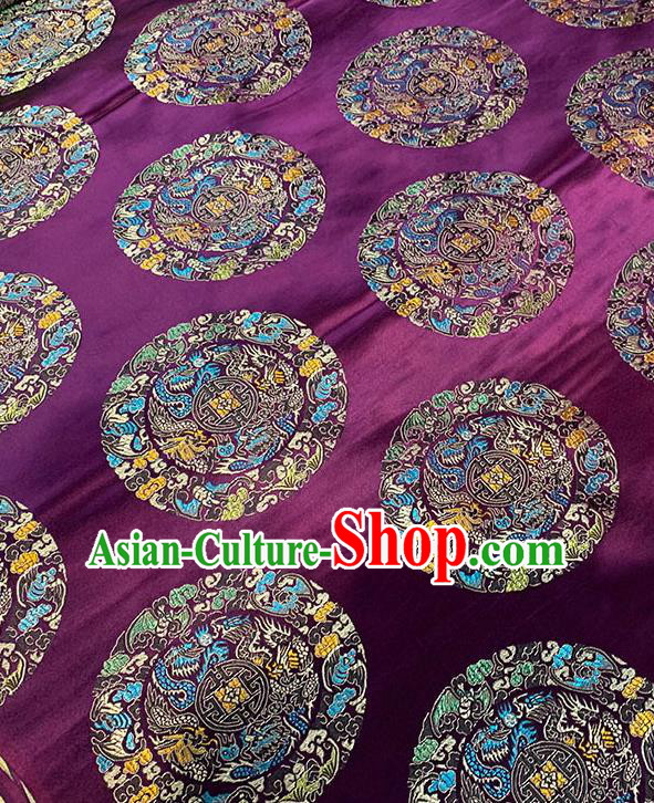 Chinese Traditional Five Dragons Pattern Purple Silk Fabric Brocade Drapery Mongolian Robe Damask Material