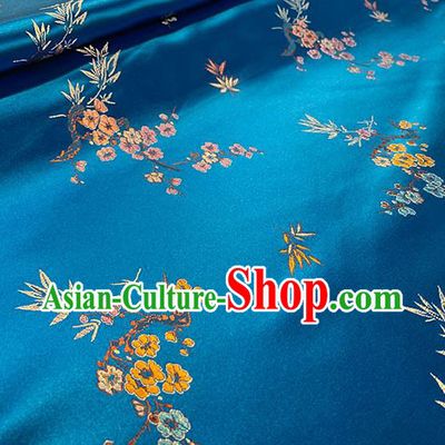 Chinese Traditional Plum Bamboo Pattern Blue Silk Fabric Brocade Drapery Cheongsam Damask Material