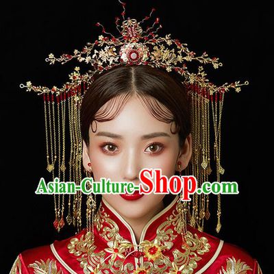 Chinese Handmade Hair Crown Classical Wedding Hair Accessories Ancient Bride Hairpins Red Crystal Phoenix Coronet Complete Set