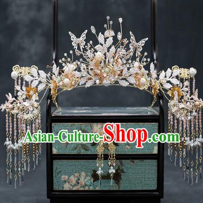 Chinese Handmade Beads Hair Crown Classical Wedding Hair Accessories Ancient Bride Hairpins Tassel Phoenix Coronet Complete Set