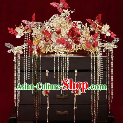 Chinese Handmade Red Butterfly Hair Crown Classical Wedding Hair Accessories Ancient Bride Hairpins Phoenix Coronet Complete Set