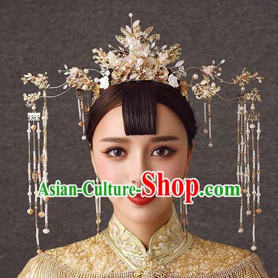 Chinese Handmade Beads Tassel Hair Crown Classical Wedding Hair Accessories Ancient Bride Hairpins Phoenix Coronet Complete Set