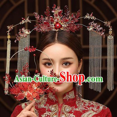 Chinese Handmade Red Phoenix Coronet Classical Wedding Hair Accessories Ancient Bride Tassel Hairpins Complete Set
