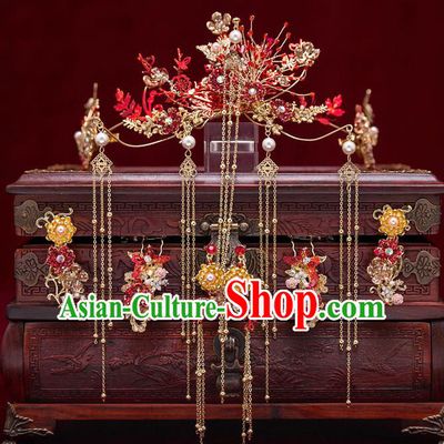 Chinese Handmade Classical Wedding Hair Accessories Ancient Bride Hairpins Golden Tassel Hair Crown Complete Set