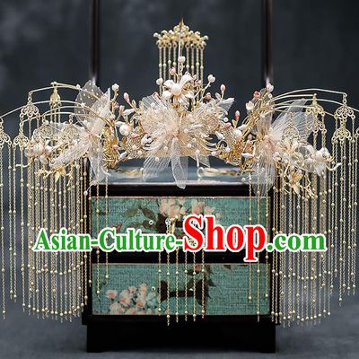 Chinese Handmade Silk Flowers Phoenix Coronet Classical Wedding Hair Accessories Ancient Bride Hairpins Golden Tassel Hair Crown Complete Set