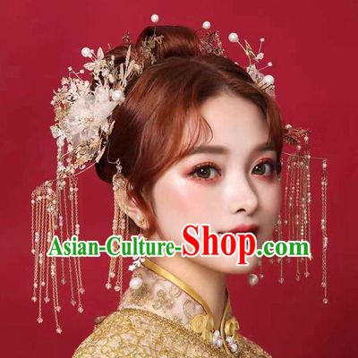 Chinese Handmade Silk Flowers Hair Comb Classical Wedding Hair Accessories Ancient Bride Hairpins Tassel Step Shake Complete Set