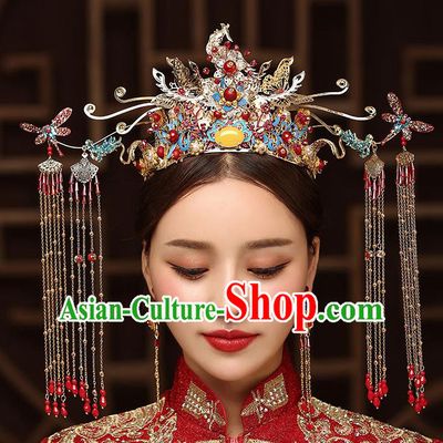 Chinese Handmade Dragonfly Hair Crown Classical Wedding Hair Accessories Ancient Bride Hairpins Blueing Phoenix Coronet Complete Set