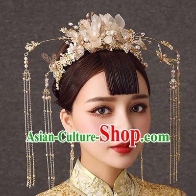 Chinese Handmade Golden Hair Crown Classical Wedding Hair Accessories Ancient Bride Hairpins Silk Flowers Phoenix Coronet Complete Set
