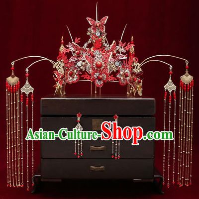 Chinese Handmade Red Butterfly Hair Crown Classical Wedding Hair Accessories Ancient Bride Hairpins Tassel Phoenix Coronet Complete Set