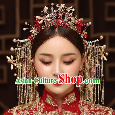 Chinese Handmade Golden Tassel Hair Crown Classical Wedding Hair Accessories Ancient Bride Hairpins Dragonfly Phoenix Coronet Complete Set