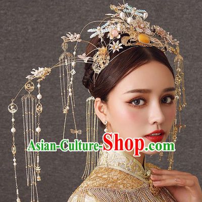 Chinese Handmade Blue Dragonfly Hair Crown Classical Wedding Hair Accessories Ancient Bride Hairpins Golden Phoenix Coronet Complete Set