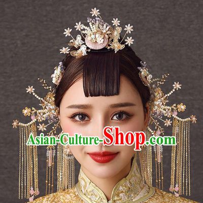 Chinese Handmade Hair Comb Classical Wedding Hair Accessories Ancient Bride Pearls Tassel Hairpins Complete Set