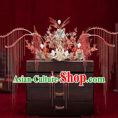 Chinese Handmade Red Tassel Phoenix Coronet Classical Wedding Hair Accessories Ancient Bride Hairpins Headwear Complete Set