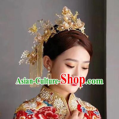 Chinese Handmade Golden Plum Phoenix Coronet Classical Wedding Hair Accessories Ancient Bride Hairpins Hair Crown Complete Set