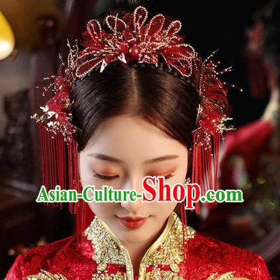 Chinese Handmade Red Flowers Hair Crown Classical Wedding Hair Accessories Ancient Bride Hairpins Tassel Hair Sticks Complete Set