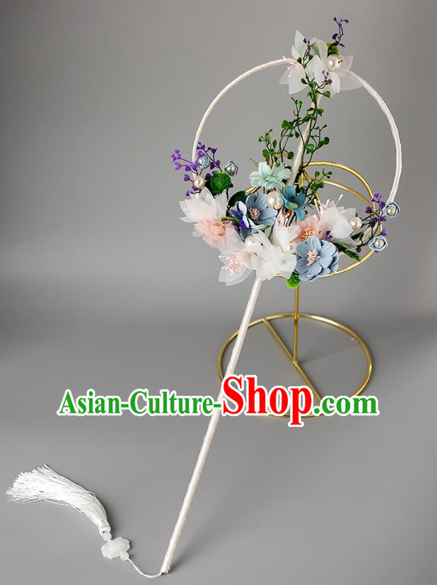 Chinese Handmade Silk Flowers Palace Fans Classical Fans Ancient Bride Props Round Fans