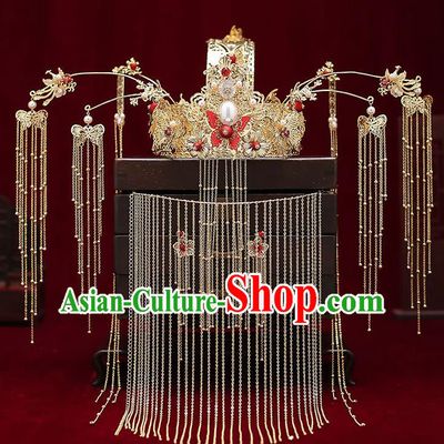 Chinese Handmade Tassel Hair Crown Classical Wedding Hair Accessories Ancient Bride Phoenix Coronet Hairpins Complete Set