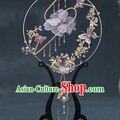 Chinese Handmade Lilac Silk Flowers Palace Fans Classical Fans Ancient Bride Props Round Fans