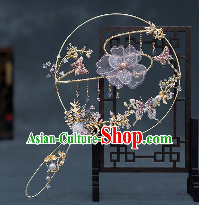 Chinese Handmade Lilac Silk Flowers Palace Fans Classical Fans Ancient Bride Props Round Fans Chinese Handmade Lilac Silk Flowers Palace Fans Classical Fans Ancient Bride Props Round Fans