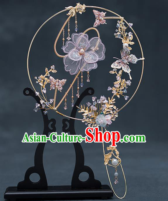 Chinese Handmade Lilac Silk Flowers Palace Fans Classical Fans Ancient Bride Props Round Fans Chinese Handmade Lilac Silk Flowers Palace Fans Classical Fans Ancient Bride Props Round Fans
