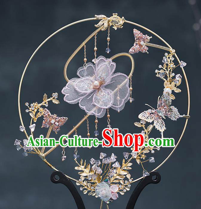 Chinese Handmade Lilac Silk Flowers Palace Fans Classical Fans Ancient Bride Props Round Fans Chinese Handmade Lilac Silk Flowers Palace Fans Classical Fans Ancient Bride Props Round Fans