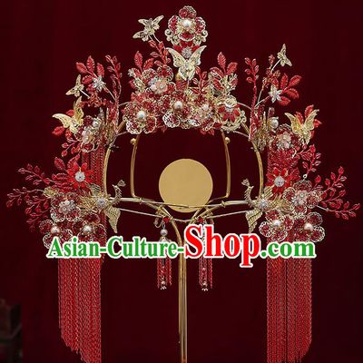 Chinese Handmade Hair Crown Classical Wedding Hair Accessories Ancient Bride Red Tassel Phoenix Coronet Hairpins Complete Set