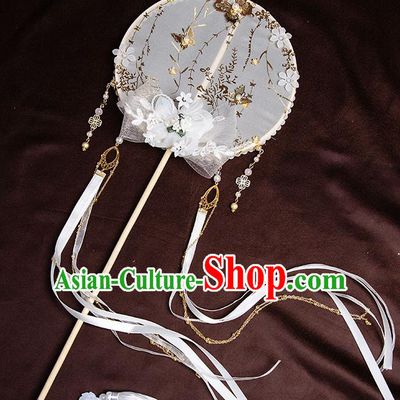 Chinese Handmade White Ribbon Palace Fans Classical Fans Ancient Bride Props Silk Flowers Round Fans