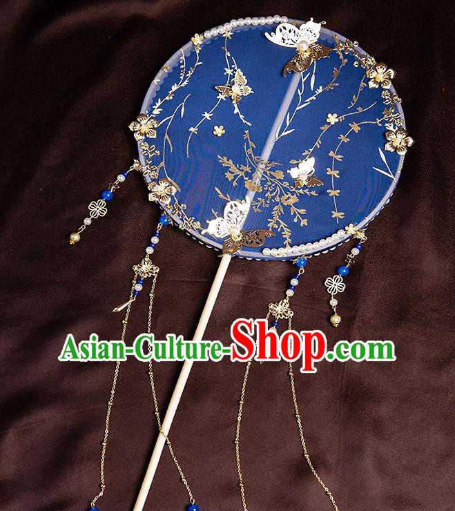 Chinese Handmade Royalblue Silk Palace Fans Classical Fans Ancient Bride Props Tassel Round Fans Chinese Handmade Royalblue Silk Palace Fans Classical Fans Ancient Bride Props Tassel Round Fans