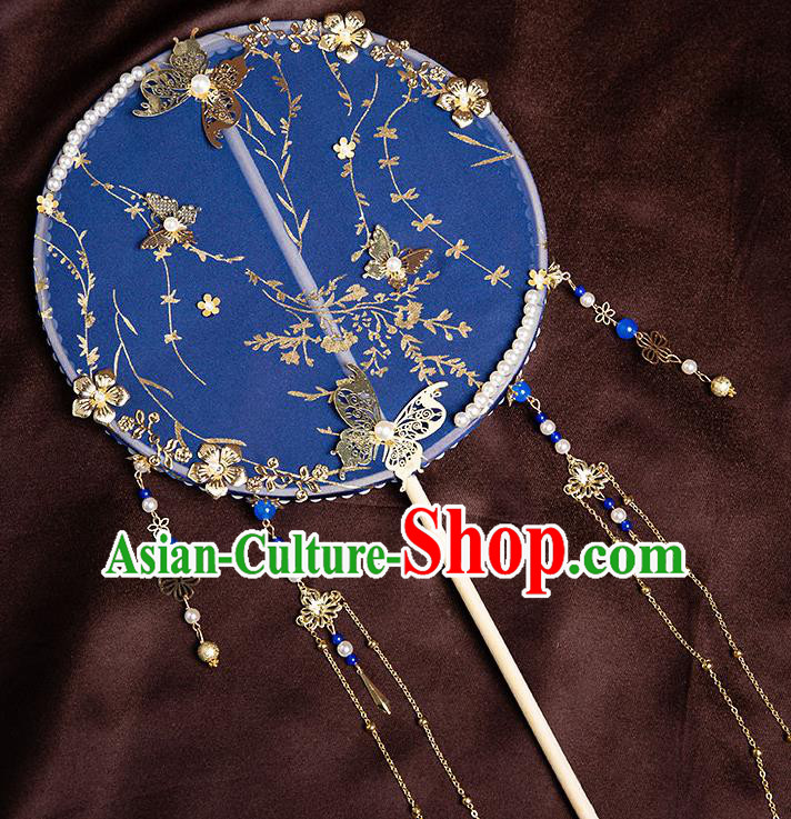 Chinese Handmade Royalblue Silk Palace Fans Classical Fans Ancient Bride Props Tassel Round Fans Chinese Handmade Royalblue Silk Palace Fans Classical Fans Ancient Bride Props Tassel Round Fans