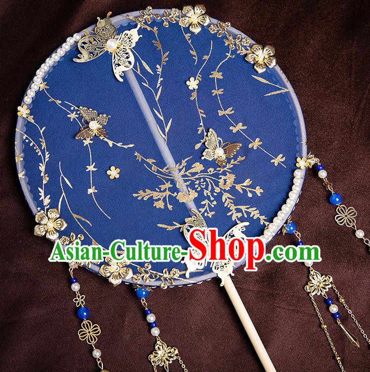 Chinese Handmade Royalblue Silk Palace Fans Classical Fans Ancient Bride Props Tassel Round Fans Chinese Handmade Royalblue Silk Palace Fans Classical Fans Ancient Bride Props Tassel Round Fans