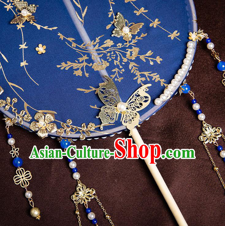 Chinese Handmade Royalblue Silk Palace Fans Classical Fans Ancient Bride Props Tassel Round Fans Chinese Handmade Royalblue Silk Palace Fans Classical Fans Ancient Bride Props Tassel Round Fans