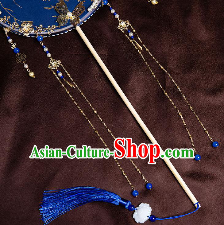 Chinese Handmade Royalblue Silk Palace Fans Classical Fans Ancient Bride Props Tassel Round Fans Chinese Handmade Royalblue Silk Palace Fans Classical Fans Ancient Bride Props Tassel Round Fans