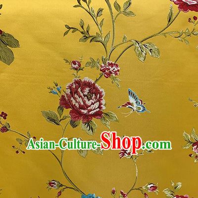 Chinese Traditional Butterfly Peony Pattern Yellow Silk Fabric Brocade Drapery Hanfu Dress Damask Material