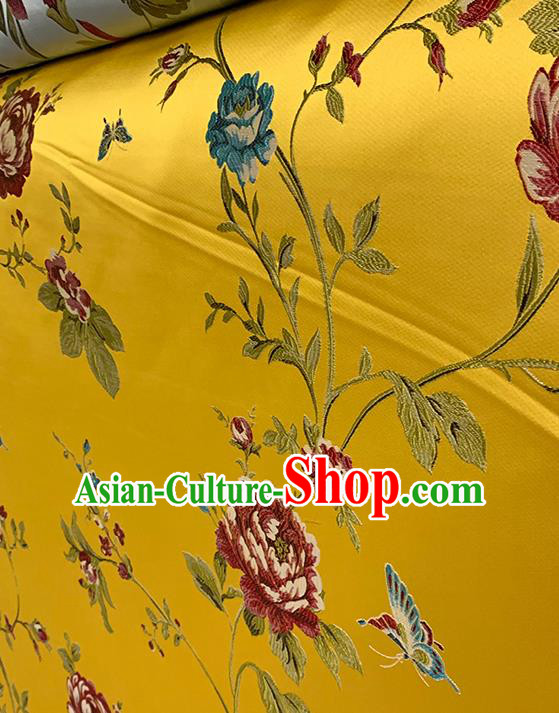 Chinese Traditional Butterfly Peony Pattern Yellow Silk Fabric Brocade Drapery Hanfu Dress Damask Material