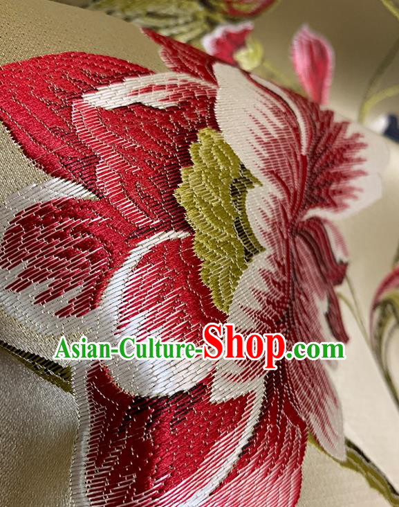 Chinese Traditional Peony Birds Pattern Beige Silk Fabric Brocade Drapery Hanfu Dress Damask Material Chinese Traditional Peony Birds Pattern Beige Silk Fabric Brocade Drapery Hanfu Dress Damask Material