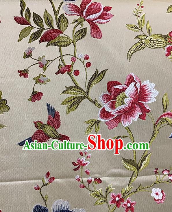 Chinese Traditional Peony Birds Pattern Beige Silk Fabric Brocade Drapery Hanfu Dress Damask Material Chinese Traditional Peony Birds Pattern Beige Silk Fabric Brocade Drapery Hanfu Dress Damask Material