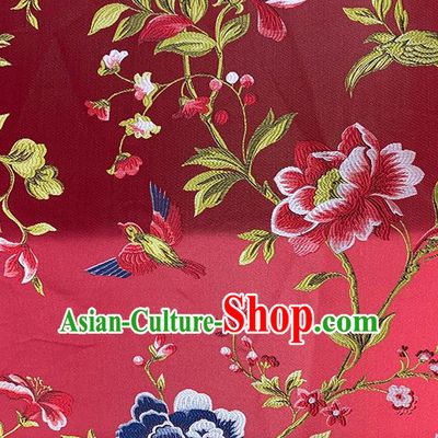 Chinese Traditional Peony Birds Pattern Red Silk Fabric Brocade Drapery Hanfu Dress Damask Material