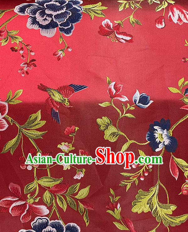Chinese Traditional Peony Birds Pattern Red Silk Fabric Brocade Drapery Hanfu Dress Damask Material Chinese Traditional Peony Birds Pattern Red Silk Fabric Brocade Drapery Hanfu Dress Damask Material