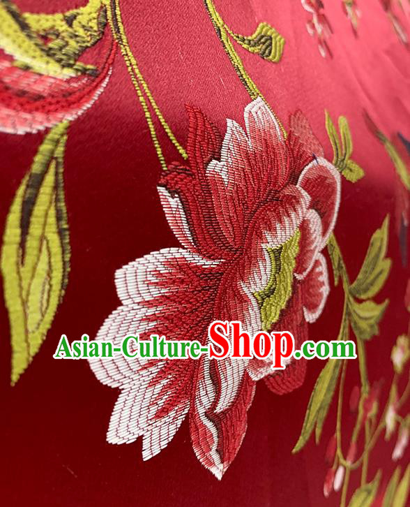 Chinese Traditional Peony Birds Pattern Red Silk Fabric Brocade Drapery Hanfu Dress Damask Material Chinese Traditional Peony Birds Pattern Red Silk Fabric Brocade Drapery Hanfu Dress Damask Material