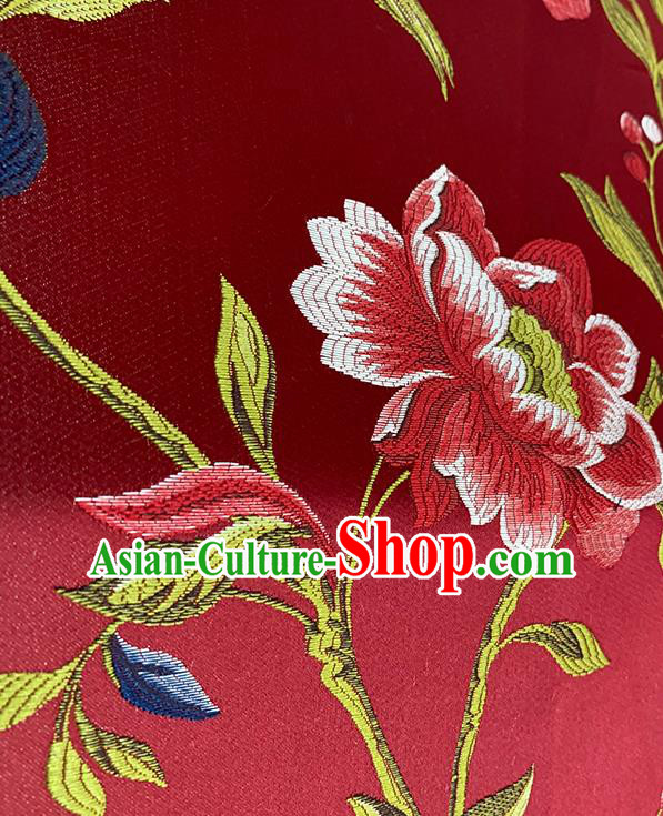 Chinese Traditional Peony Birds Pattern Red Silk Fabric Brocade Drapery Hanfu Dress Damask Material Chinese Traditional Peony Birds Pattern Red Silk Fabric Brocade Drapery Hanfu Dress Damask Material